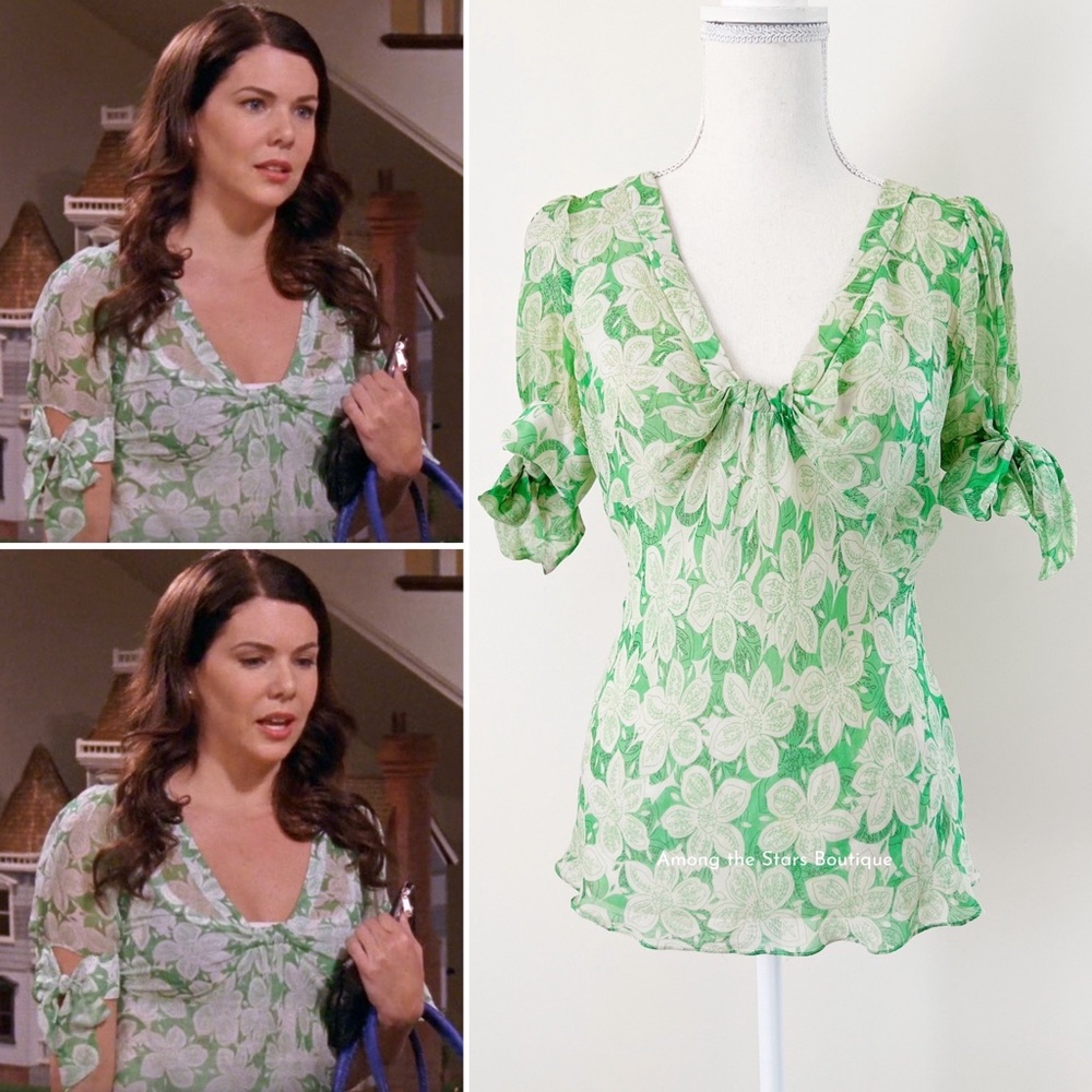 FLAWED GEM Early 2000s Green Floral Silk Blouse ASO Lorelai in Gilmore Girls